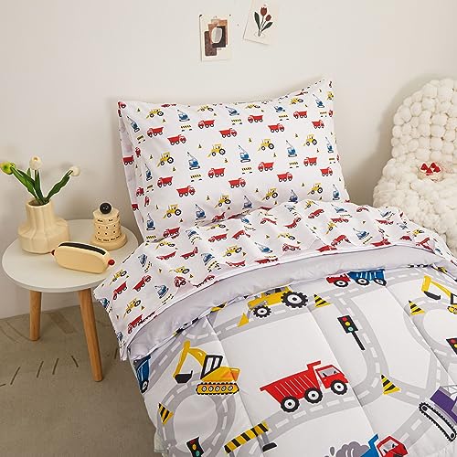 Image of Viviland Toddler Comforter Sets, 4 Pieces Bedding Sets, Heavy-Duty Truck | Microfiber White Bed Set, Boys, Breathable & Soft, Comforter, Bed Sheet, Fitted Sheet and Pillowcase, Machine Washable