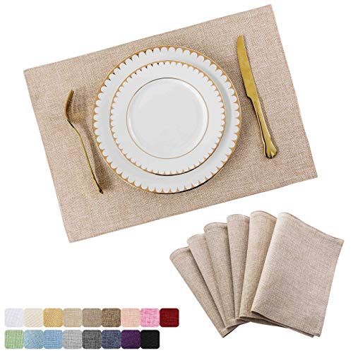 Zecca Washable Jute Tablemats/Placemats Set of 8 Heat Resistant Dining Table Place Mats for Kitchen Table Wedding Party, 12 x 18 inches, (Natural Linen)
