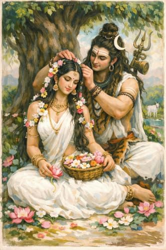 Image of hiva Parvati Love Story Framed Wall Art - 14x10 Inch Religious Hindu God Photo Frame for Home & Pooja Room Decor - High-Definition Sparkle Laminated Finish (Black Frame)