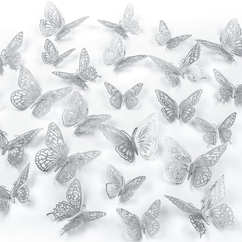 Phuryllic Butterfly Wall Decor 48pcs 3D Butterfly Stickers in 3 Sizes & 4 Styles for Balloon Arch & Cake Decorations Cute Decals for Girls Room & Birthday Party Silver