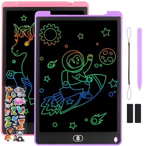 Damcyer Tavoletta Grafica LCD Scrittura 12 Pollici-2 Pezzi,LCD Tavoletta Grafica Bambini con Schermo Colorato,Taccuino Cancellabile con Adesivi Animali,per Ragazzi e Ragazze di età 3 4 5 6,Rosa+Viola
