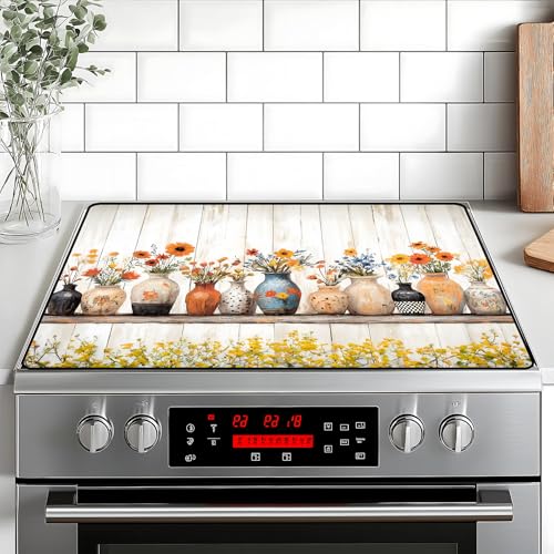 Image of Stove Top Cover Retro Flower Gas Stove Top Cover for Home Decoration Kitchen Pad Non-Stick Washable Cooktop Covers Countertop Protector Keep Stove Clean 28 inchx20 inch (Vase)