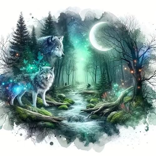OJTOYART Wolf Diamond Art Kits for Adults Beginner Starry Sky Moon Full Round Drill 5D Diamond Painting Kit DIY Paint by Diamonds Gem Art with Dot Art for Adults Home Wall Decor 13.79 x 13.79inch