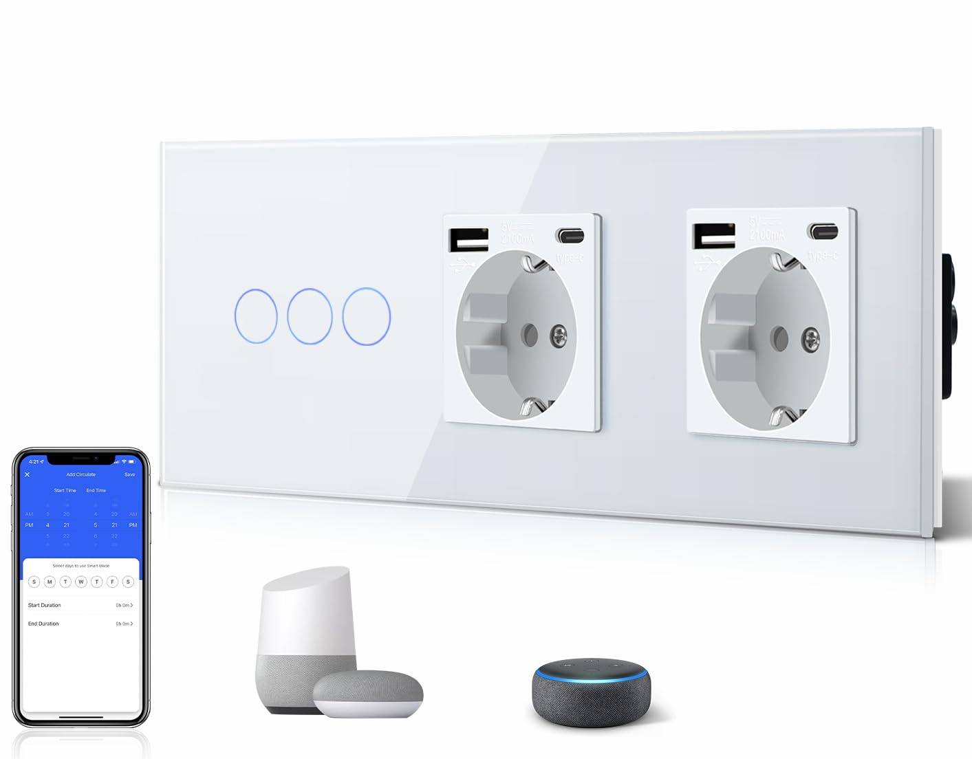 BSEED BSEED 3 Gang 1 Vía Interruptor de Luz Táctil Inteligente WIFI con Doble Schuko Tipo C y USB Enchufe Estándar, Compatible con Alexa/Tuya/Smart Life (Requiere Cable Neutro) Blanco