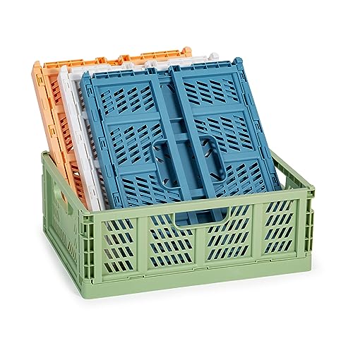 Plastic Crates for Storage Stackable – Set of 4 Collapsible Crates for Groceries, Books, Toys, Clothes, Makeup & More – Sleek Folding Pastel Crates for Organizing – Large, 11.6" x 8.5" x 1.2"