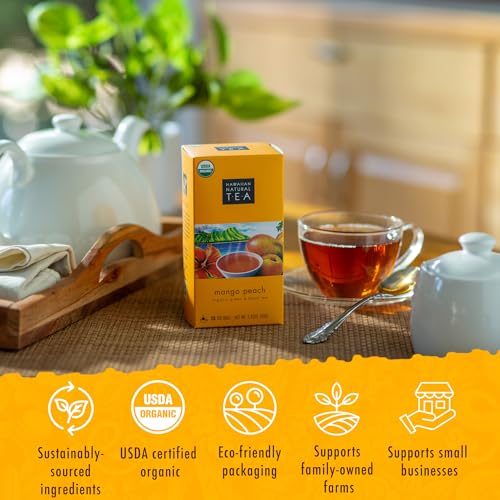 Image of Hawaiian Natural Tea Organic Mango Peach Green & Black Tea Bags, 120 Count | USDA Organic - 100% Plastic-Free - Perfect Hot or Iced - Low Caffeine - Non-GMO, Gluten-Free, Keto, Vegan, Kosher