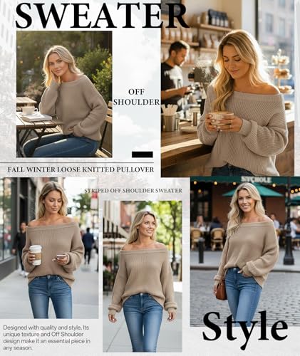 Image of MARZXIN Women's 2026 Fall Long Sleeve Sweaters Casual Loose Striped Off Shoulder Casual Oversized Knitted Sweater Pullovers