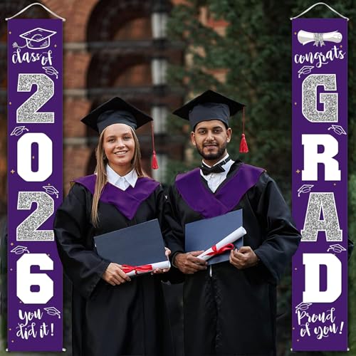 Image of Graduation Decorations 2026 Banner Porch Sign Purple Silver for Class of 2026 Graduates Party Supplies