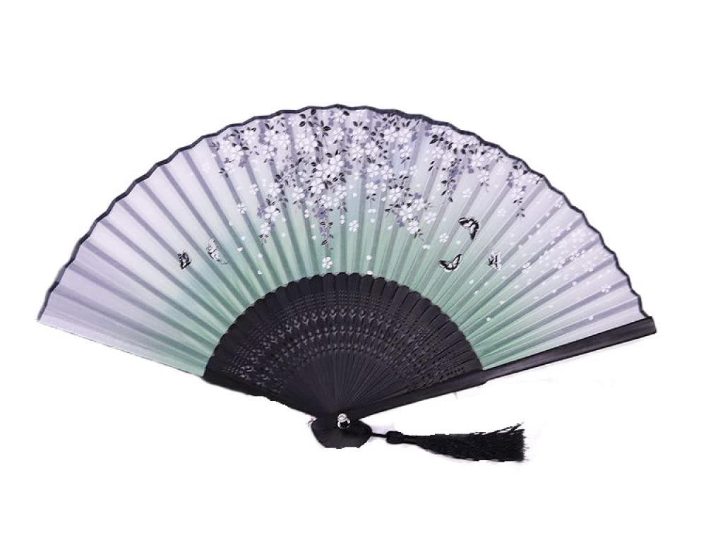 NZPOST Folding Fan Handheld, Green Decorative Folding Fans Floral Butterfly Handmade Bamboo Fans With Tassel Silk Fans Elegant Japanese Chinese Fan