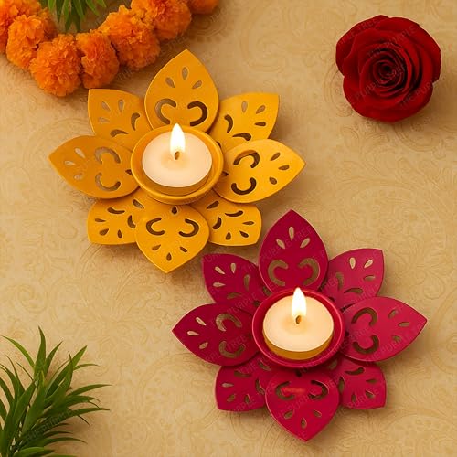 Image of The Purple Tree Set of 2 Pink & Yellow Floral Tealight Candle Holders for Diwali Decoration | Decorative Metal Flower Votives for Home Decor, Festive Lighting & Gifting | Diya Holder for Pooja