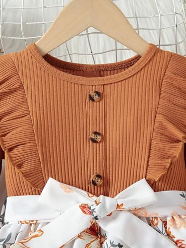 Floerns Girl's Floral Print Long Sleeve Rib Knit Button Front Belted A Line Dress3