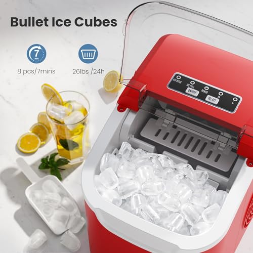Image of Countertop Portable Ice Maker Machine with Handle, 9 Bullet-Shaped Ice Cubes Ready in 6 Mins, 26Lbs /24H, Self-Cleaning Function with Ice Scoop and Basket for Home /Kitchen /Party (Red)