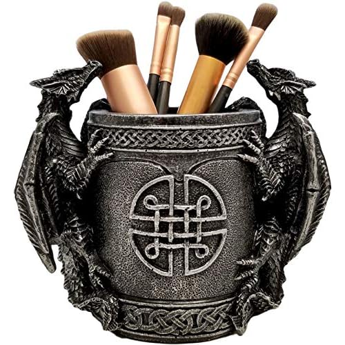 DWK – Literary Beasts – Twin Double Dragon Celtic Gothic Pen Pencil Desk Organizer Makeup Brush Holder Art Supply Caddy Home Office Accent Storage Accessory, Antique Silver Pewter, 6.5-inch