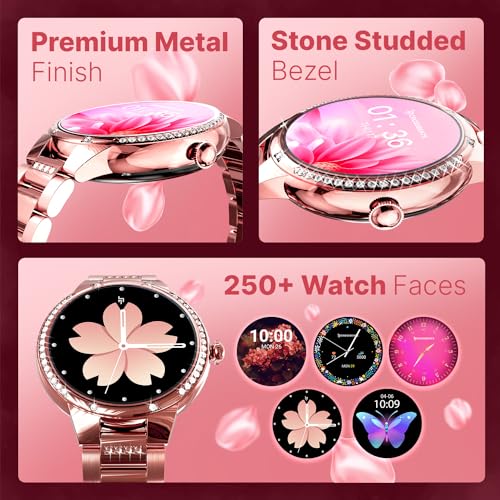 Image of CrossBeats Diva 1.28 inch Stylish Smart Watch for Women with Stone Studded Bezel| Amoled Display | Female Health Tracker | 100+Sports Modes| Premium Metal Smartwatch with Wireless Charging - (Rose Gold)