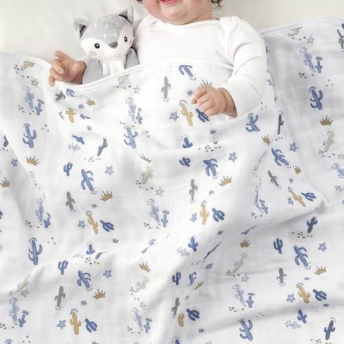 Image of CREVENT 40''X40'' 100% Organic Cotton Muslin Baby Blanket for Newborns, Essential for Baby Shower Birthday Gift - Cactus 100X100cm
