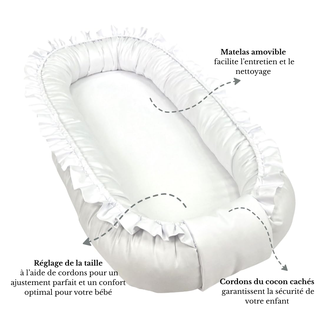 WIKLINOPOL Réducteur de Lit Bébé – Cocon Bébé 85x45 cm en Blanc avec volants – Baby Nest Portable avec Matelas – Nid Douillet Lavable en Coton 100 % – Sécurité à la Maison ou en Voyage