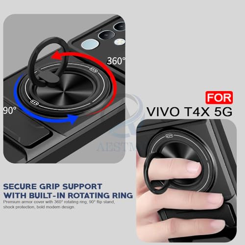 Image of AESTMO Vivo T4X / Z10X / Y31 Pro 5G Back Cover | Armor Camera Slider 360 Degree Rotating Finger Ring Holder Case with Bracket Stand Back Case Cover (Compatible with MagSafe Accessories) (Black)
