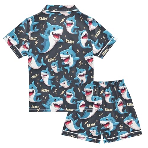 Cartoon Blue Shark Lightning Pajamas Set Soft Satin Pjs Sets 2 Piece Short Sleeve Sleepwear Casual Loungewear2