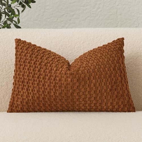 UGASA Fall Velvet 12x20 Inch Lumbar Throw Pillow Cover, Both Sides Corduroy Striped, Soft Solid Decorative Rectangular Cushion Case for Couch/Bedroom, 1 Piece, Rust
