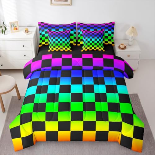 Image of Multicolored Checkered Retro Comforter Set With Sheets 7 Piece Queen Size Geometric Vintage Bed in a Bag Kids Boys Girls Colorful Bedding Set Modern Groovy Aesthetic Bedroom Decor Breathable Soft