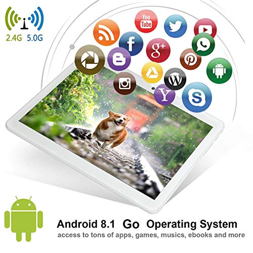Tablet 10 inch, 5G WiFi Tablet, Android 8.1 Go, 16GB, Dual Camera, 1280x800 IPS Display, GPS, Bluetooth, Google Certified PC - Silver
