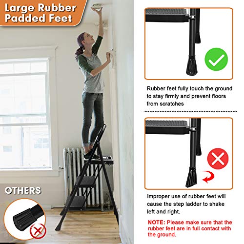 HBTower 3 Step Ladder, Folding Step Stool with Wide Anti-Slip Pedal, Sturdy Steel Ladder, Convenient Handrail, Lightweight, Portable Steel Step Stool - Image 4