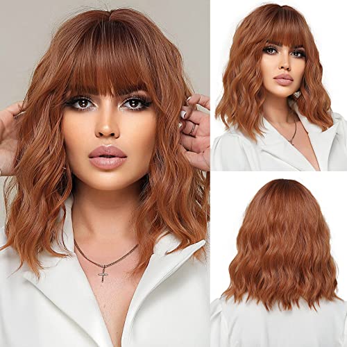 OUFEI Perruques courtes ondulées Auburn Bob avec frange Longueur épaule Perruque synthétique bouclée ondulée Cosplay Perruques pour femme - 35,6 cm