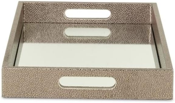 Pemberly Row Labai Gray Shagreen Decorative Serving Tray, Engineered Wood Frame, Handcrafted Textured Design, Integrated Mirror, Cut-Out Handles, Elegant Organizer for Living Room or Kitchen Use