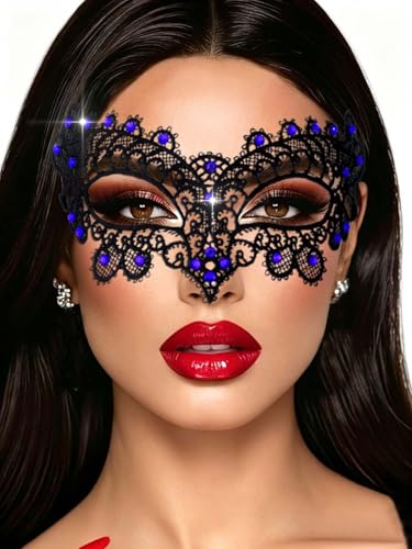 Flimire Black Masquerade Mask for Women Shiny Crystal Lace Mask Prom Ball Party Face Masks Halloween Costume Masks (Blue)