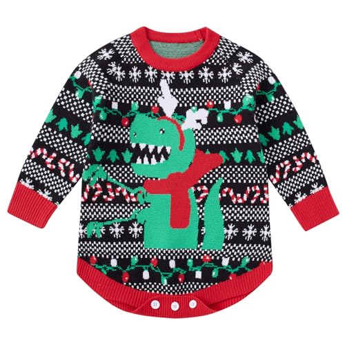 Image of BFUSTYLE Baby Ugly Christmas Sweater Colorful Light Outfit 0-6 Month Christmas Baby Boy Clothes Long Sleeve Infant Knitted Rompwer Dinosaur Bodysuit Size 3 Month