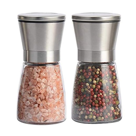 Salt and Pepper Grinder Set of 2, Premium Stainless Steel Spice Mill with Adjustable Coarseness, Ceramic Blades, Refillable Glass Body with 60Z capacity
