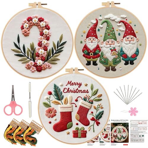 Image of LB Cute Christmas Embroidery Kit for Beginners Adults, 3 Sets Hand Embroidery Starter Kit with Gnome Pattern and Instructions Stamped Cross Stitch Kits Include Embroidery Hoop Needles Threads Scissors