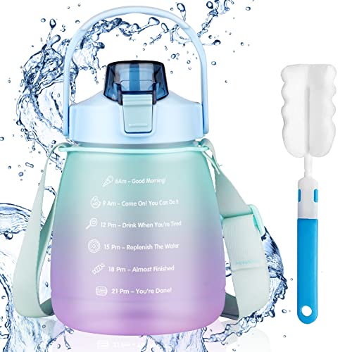 Sakiida 1L Water Bottle with Straw, Sports Drinks Bottle with Time Markings BPA Free Leak Proof, Flip Cap, Portable, Locked (Orchid purple)