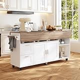 JOIKUJIA Rolling Kitchen Island Cart with Storage, Mobile Kitchen Island on Wheels with Drop Leaf & 2 Drawers, Adjustable Shelf, Towel Rack & Brown Tabletop, White, 70.9”W x 31.7”D x 35.4”H