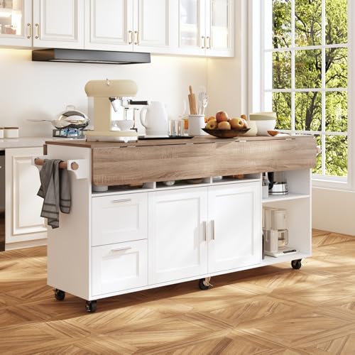 JOIKUJIA Rolling Kitchen Island Cart with Storage, Mobile Kitchen Island on Wheels with Drop Leaf & 2 Drawers, Adjustable Shelf, Towel Rack & Brown Tabletop, White, 70.9”W x 31.7”D x 31.6”H