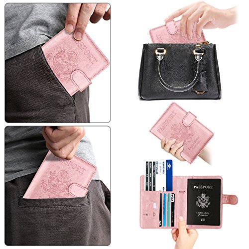 Image of WALNEW Passport Holder for Travel, RFID Passport Cover Wallet for Women Men, PU Leather Passport Book Card Holder Case with Pen (Buckle Closure, Buckle-Rosegold)