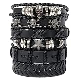 Skull Leather Bracelet, 6Pcs Charm Ethnic Tribal Braided Leather Bracelet, Adjustable Cuff Wrap Brac