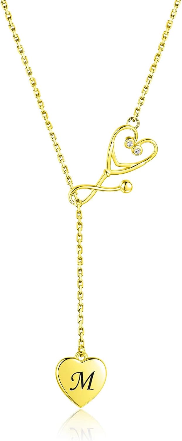 Nurse Stethoscope Necklace for Women - 18k Gold Initial Stethoscope Pendant 925 Sterling Silver Doctor Nurse Medical Student Jewelry Graduation Gift