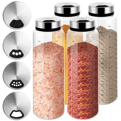 GBACHOOSE 4 Stück Gewürzgläser mit Drehdeckel, Salzstreuer 500ml, Salz und Pfefferstreuer, Gewürzdosen mit Gewürzlöcher, Borosilikatglas Gewürzstreuer für Küche, Grillen im Freien, Kochkunst