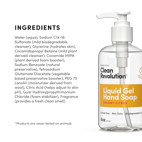 Image of Clean Revolution Liquid Gel Hand Soap, Silky Rich Liquid, Quick Lather, Fast Rinsing, Contains Real Essential Oils (Dreamy Citrus) 8 Fl Oz (Pack of 6)