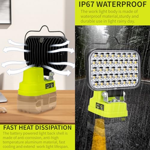 Image of Cordless LED Work Light Compatible with Ryobi 18V Battery, 90W 7000LM Flood Light with USB & Type-C, Low Voltage Protection for Garage Outdoor Job Site Lighting (No Battery)
