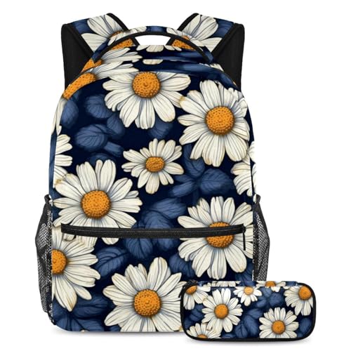 Cartable grande capacité avec trousse pour adolescent, sac à dos voyage marguerite large