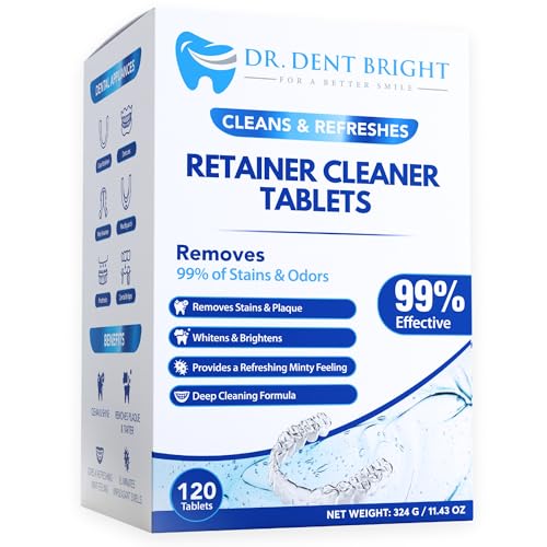 Pastillas de limpieza Retainer – 120 unidades para mantener limpios y frescos, férulas dentales, dentaduras postizas, dentaduras postizas – Limpiador eficaz en forma de pestaña para aparatos