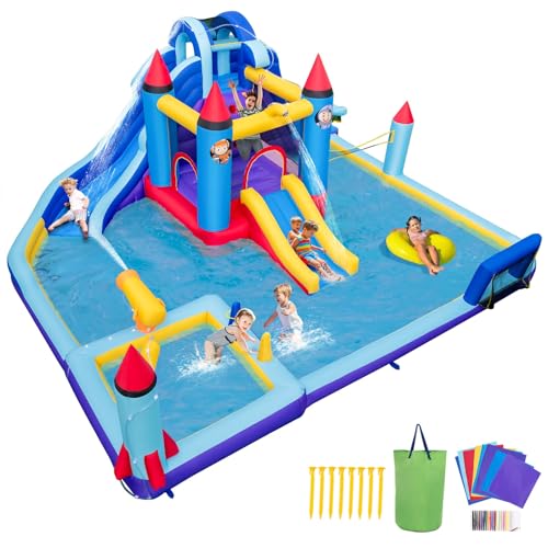 OLAKIDS Inflatable Water Slide, 10 in 1 Rocket Theme Bounce House Water Park with 2 Slides Splash Pool Volleyball Soccer Gate, Outdoor Inflatable Obstacle Course for Kids Backyard (Without 950W)