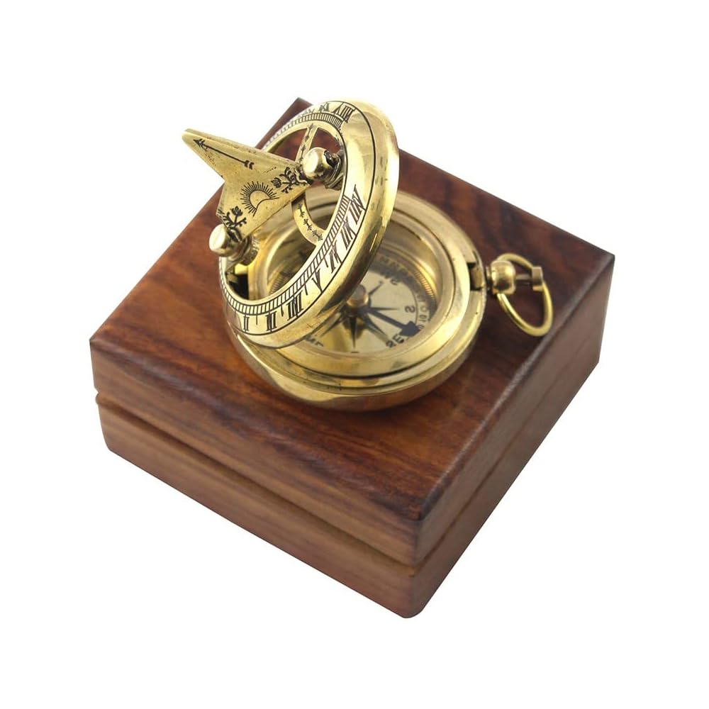 US HANDICRAFTS Ideas For Men Xmas 5 Inch Perfectly Calibrated Large Sundial Compass Rosewood Case Top Grade Engraved Brass Sundial With Embossed Needle