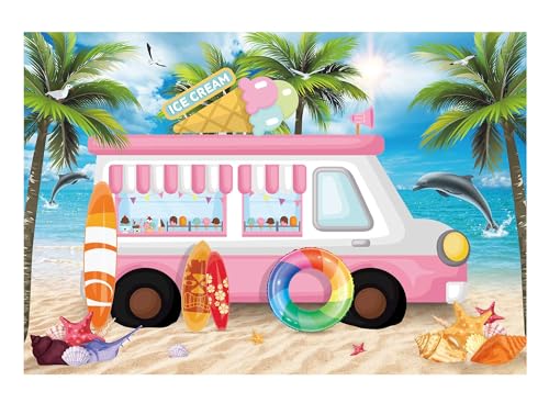 Funnytree 7x5ft Ice Cream Party Backdrop Dessert Shop Truck Photography Background Summer Hawaii Beach Seaside Pink Car Baby Girl Kids Birthday Cake Table Decorations Banner Photo Studio Booth Props