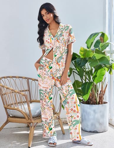 Image of Ekouaer Pajamas for Women Set Button Up Soft Pjs Short Sleeve 2 Piece Lounge Sets Comfy Sleepwear