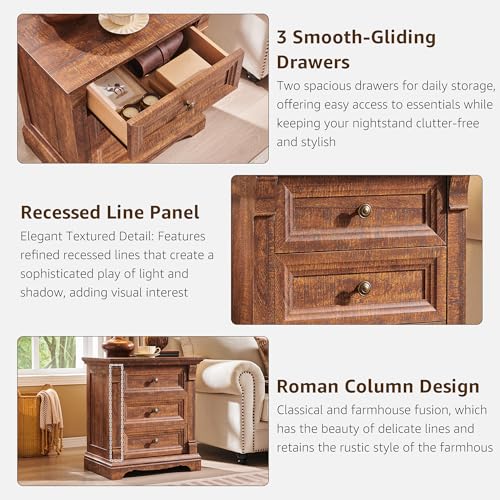 Image of 26 inch Tall Nightstand with Charging Station, 23.6 inchW End Table W /Roman Column