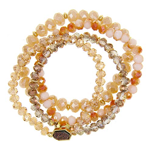 Image of Gold Beaded Bracelet Set, Square Stone Hexagon Druzy Stretch Beaded Stackable Bracelets Bangles