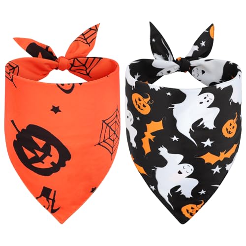Vivifying Dog Halloween Bandanas, 2Pcs Adjustable Triangle Dog Bandanas with Witch Pumpkin Pattern